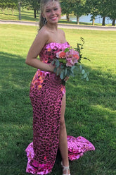 Fancy Pink Sequins Long Prom Dresses Mermaid Strapless Formal Evening Dresses with High Slit DMP272